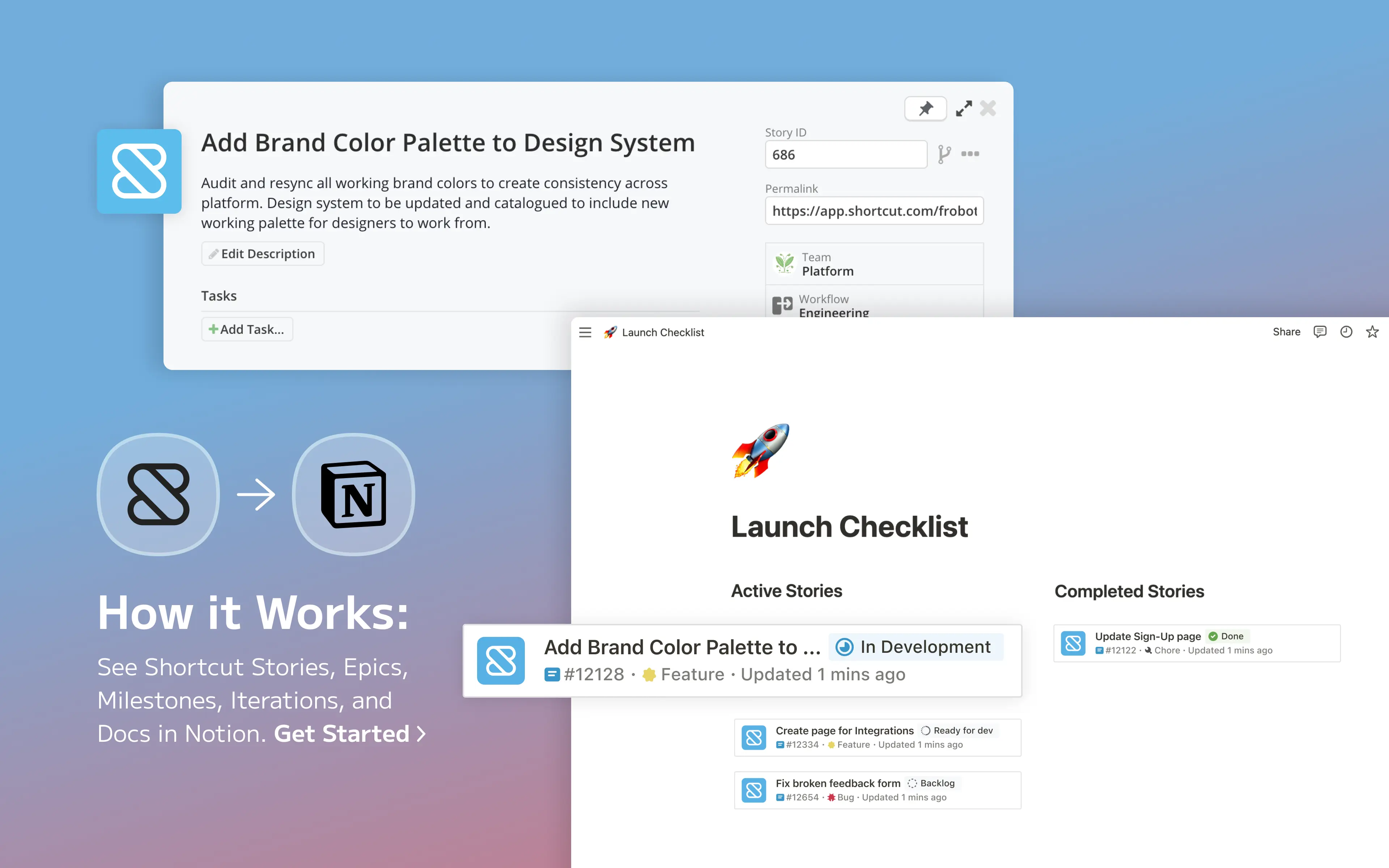 View Shortcut stories, epics, milestones and docs in Notion