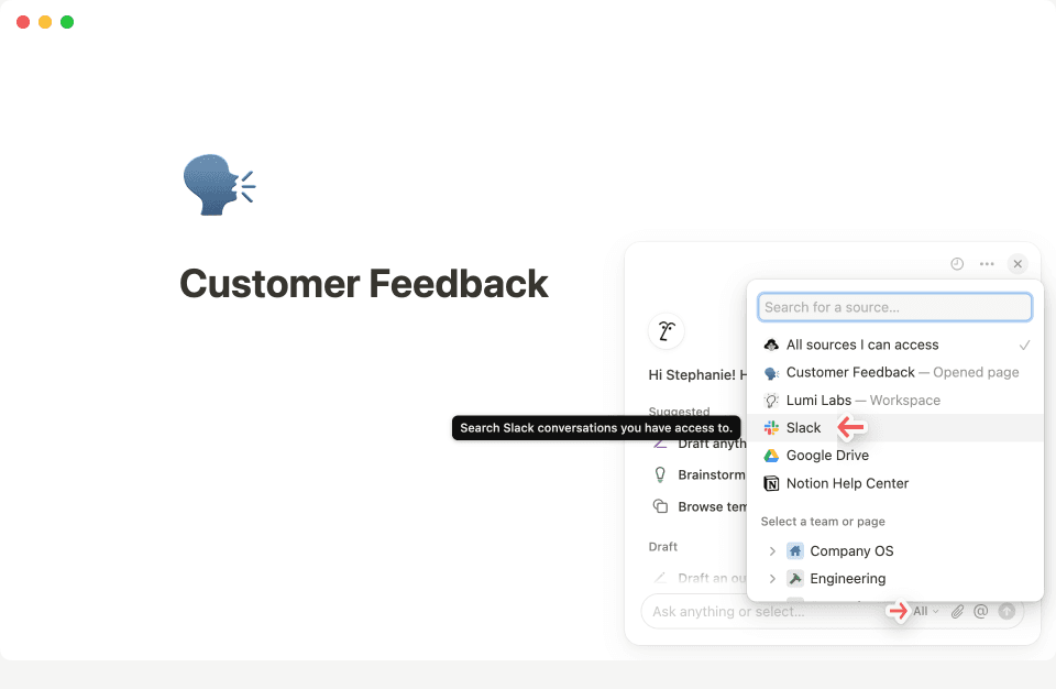 Notion AIチャットの右上隅にある3つのドット•••メニューをクリックして、Slackに接続します。
