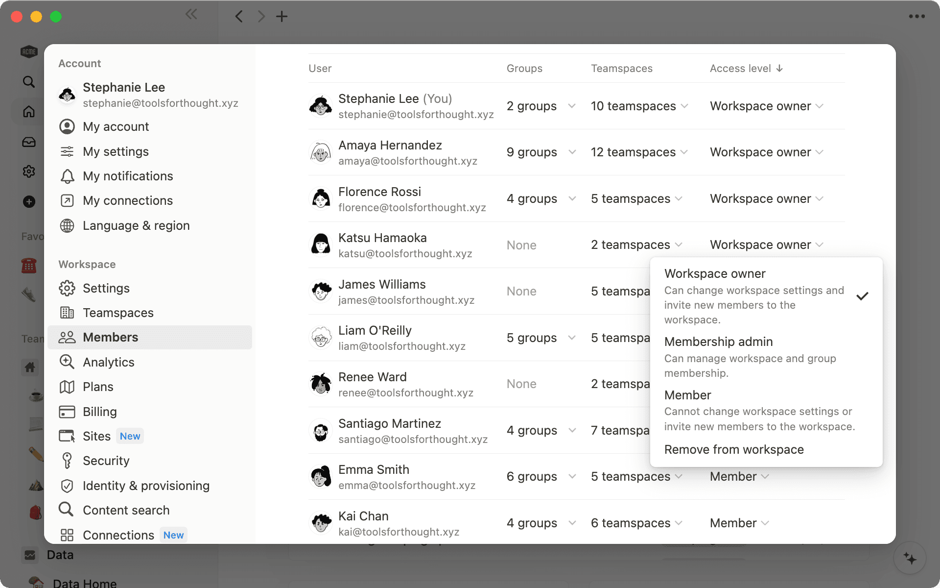 チームメイトの名前の横にあるドロップダウンメニューからアクセスレベルを変更します。