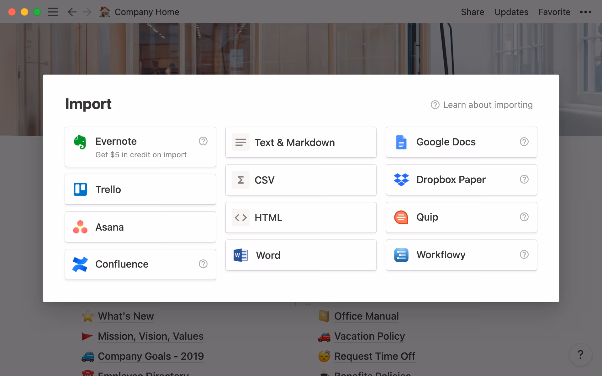 Notion 가져오기 옵션