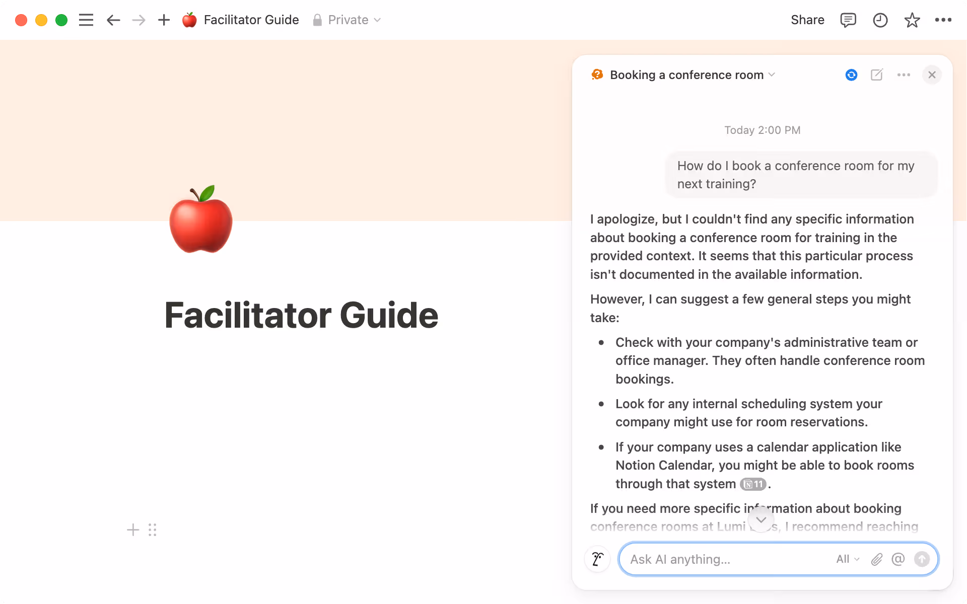 Notion AIが質問に答えられない場合は、一般的な知識に基づいて通知し、思考スターターを提供します。