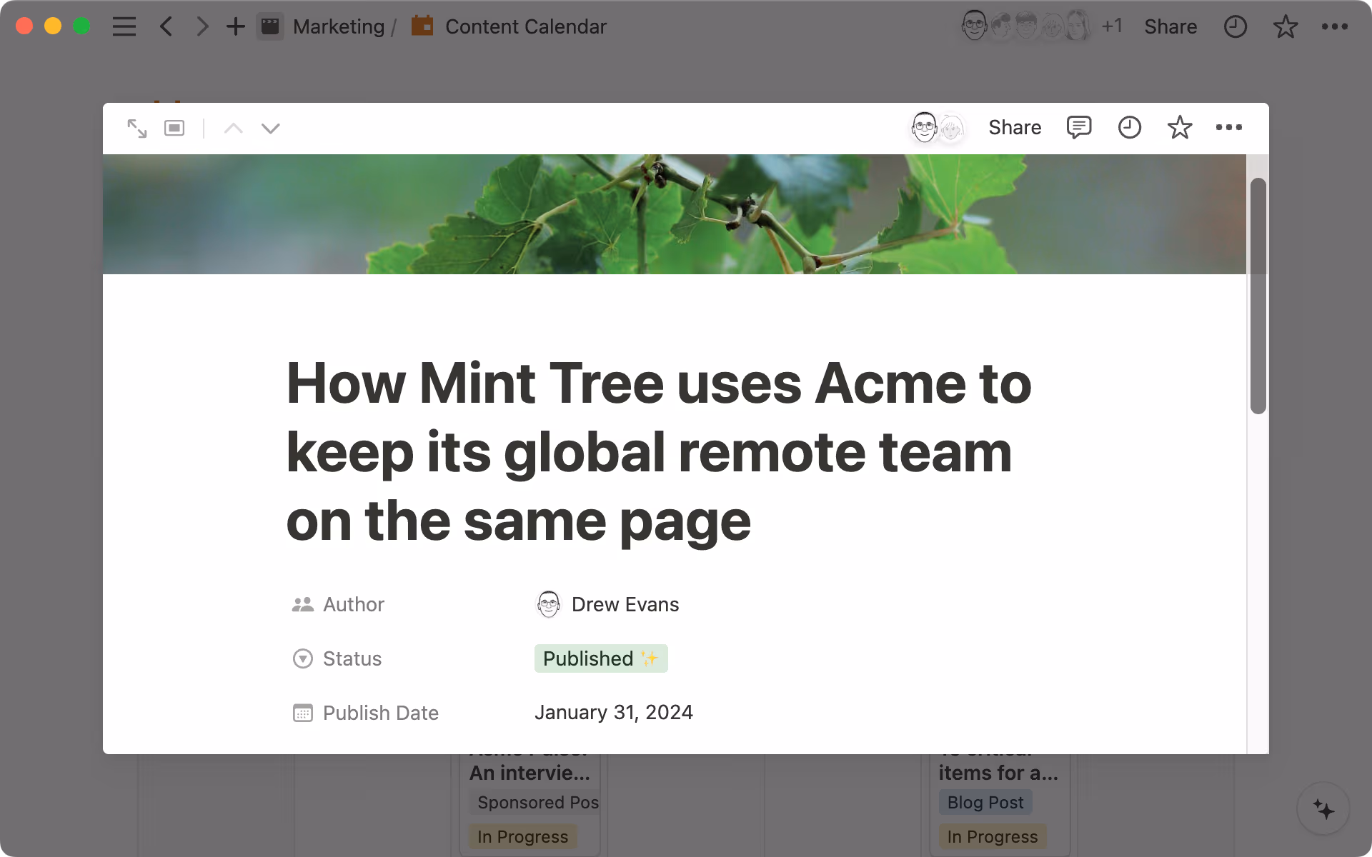 In Notion, every calendar entry opens into a page. This is where you can write drafts and track key details side by side.