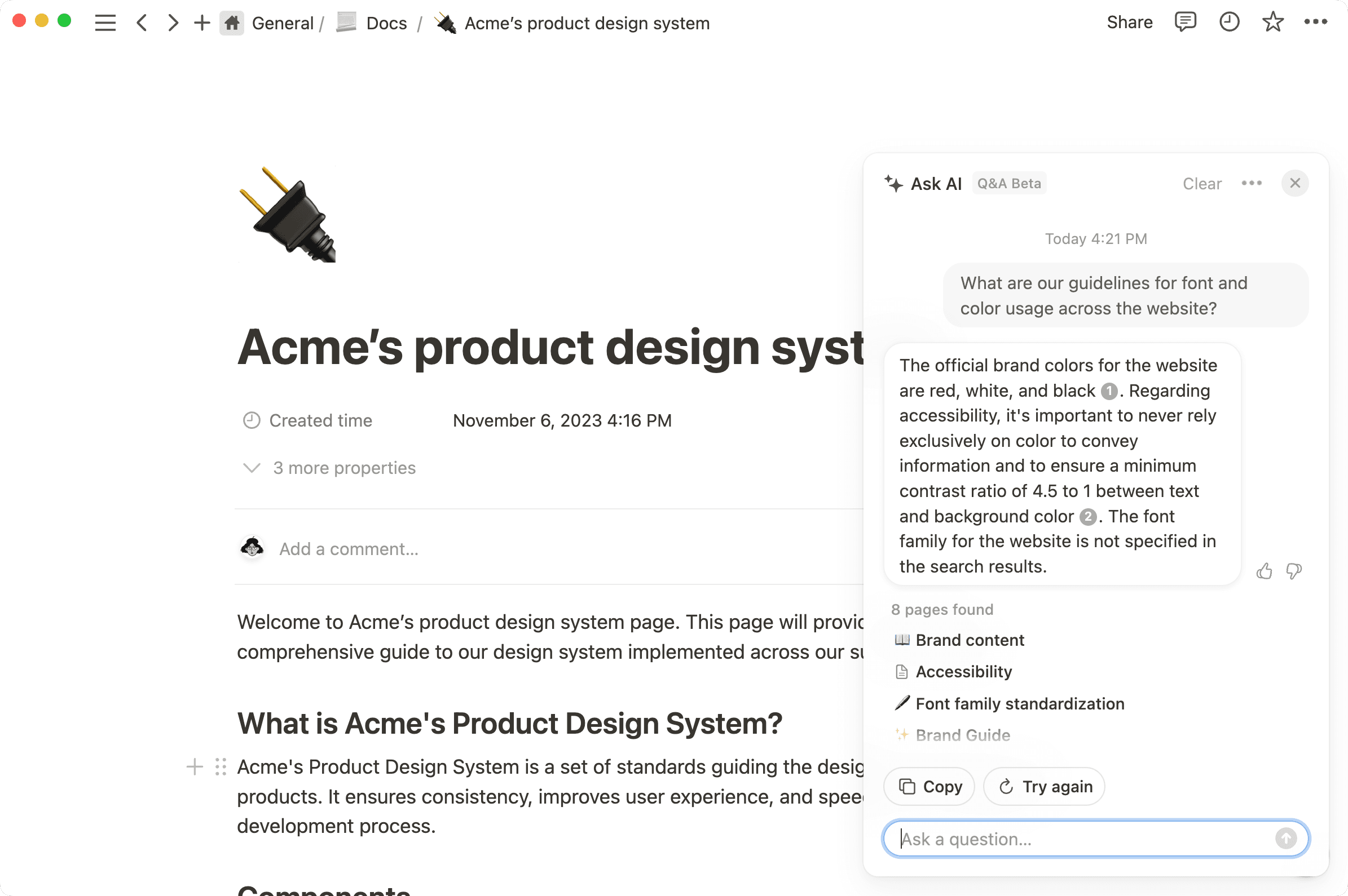 作業の流れを中断することなく、ワークスペース全体のナレッジを参照します。