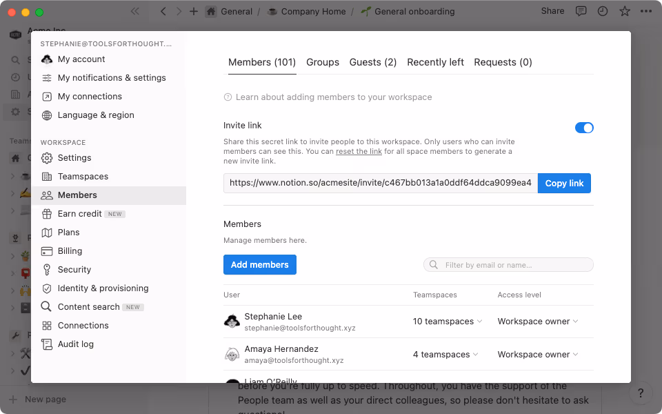 Settings & members enterprise