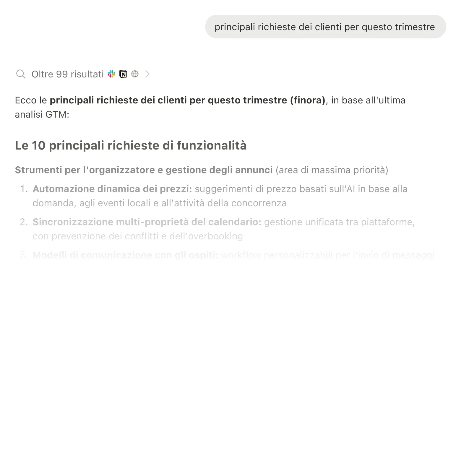 Risultati della ricerca che mostrano informazioni provenienti da Slack, Google Drive e Jira