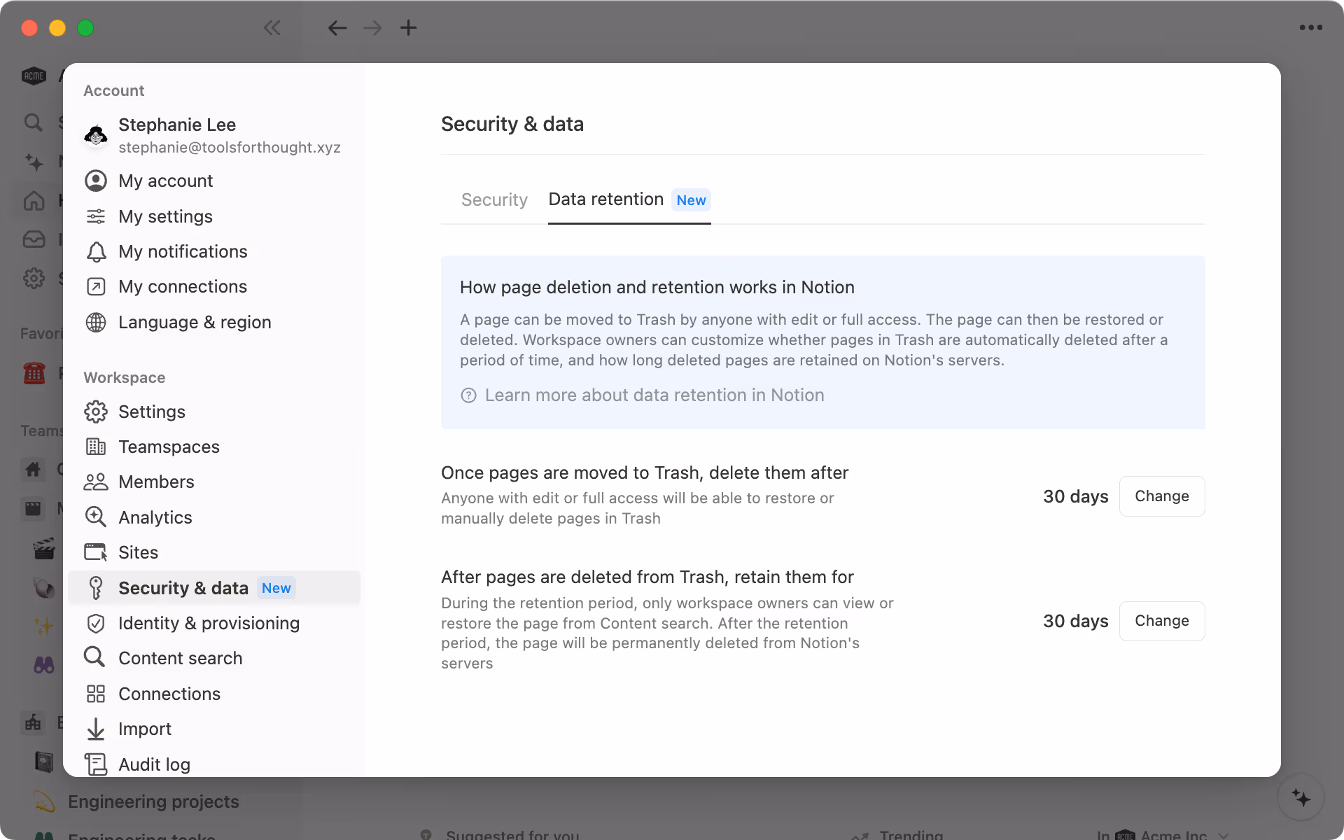 エンタープライズプランのワークスペースオーナーは、ユーザーのページをゴミ箱から削除するタイミングと、その後どのくらいの期間保持できるかを管理できます