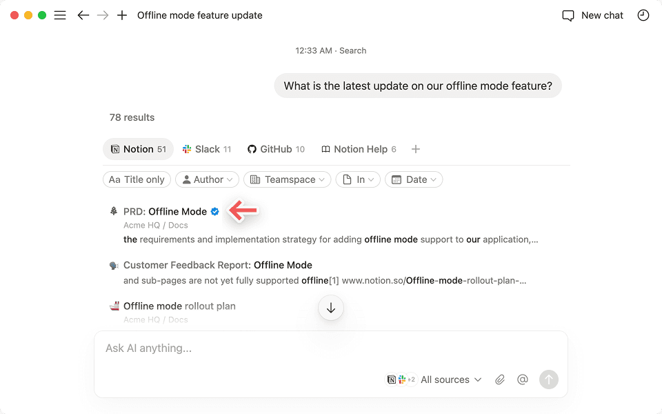 Notionが「確認済み」とマークしたコンテンツの横には、青いチェックマークが表示されます。