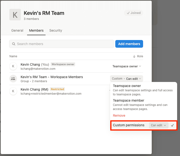 hc:チームスペースの制限付きメンバーへの権限グループの割り当て