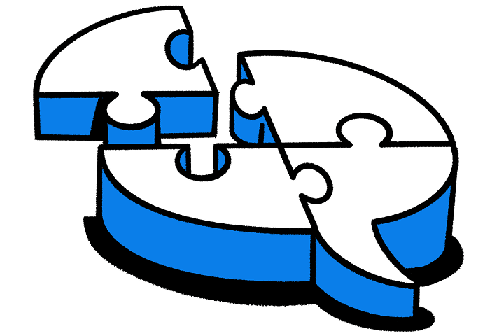 パズルのピースから集まってできる、考えを表す吹き出しのイラスト