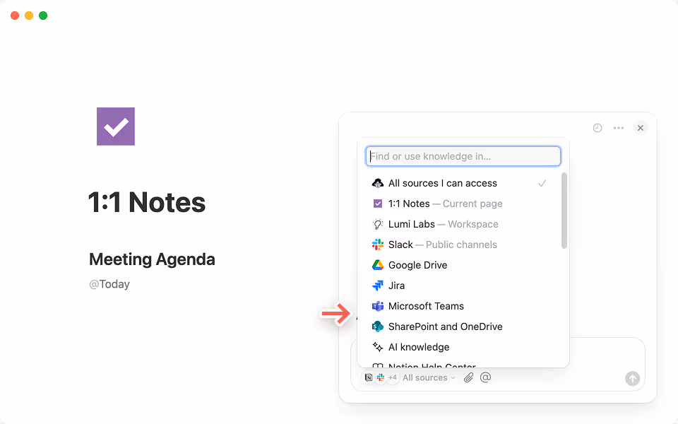 まずは、Notion AIチャットの「すべてのソース」タブで「+ アプリを接続する」オプションを選択してください。