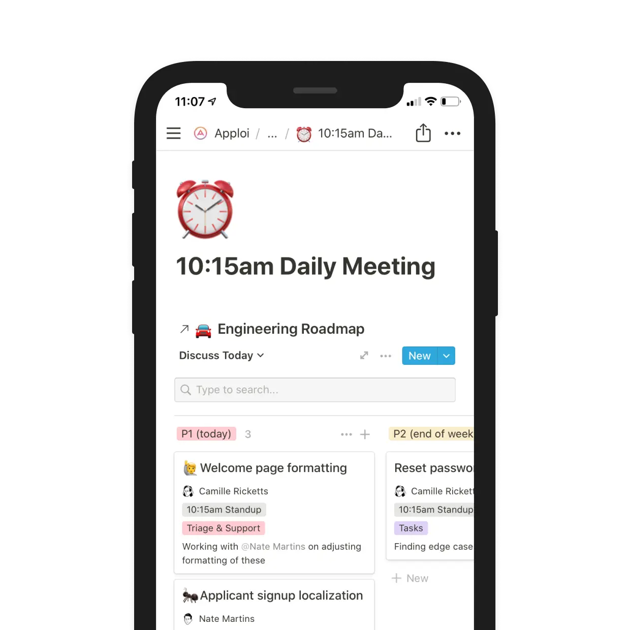 From any Notion page, engineers tag meeting topics to add them to the agenda.