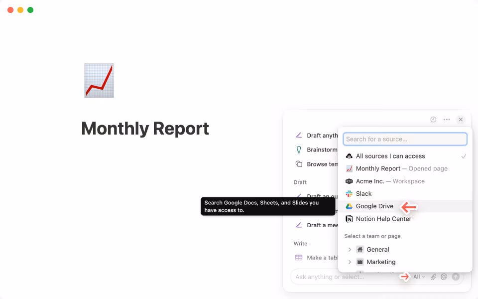 NotionAIチャットの右上隅にある3つのドット•••メニューをクリックして、Googleドライブに接続します。
