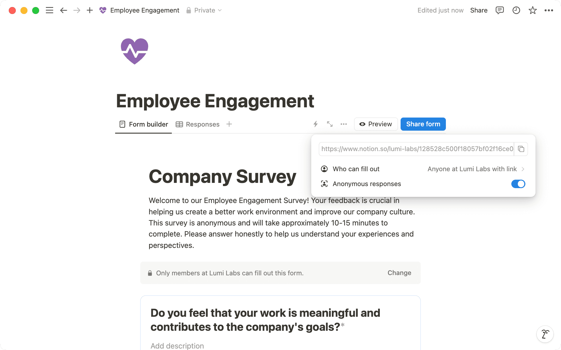 「フォームを共有」を選択する時に、「匿名の回答」を切り替えます