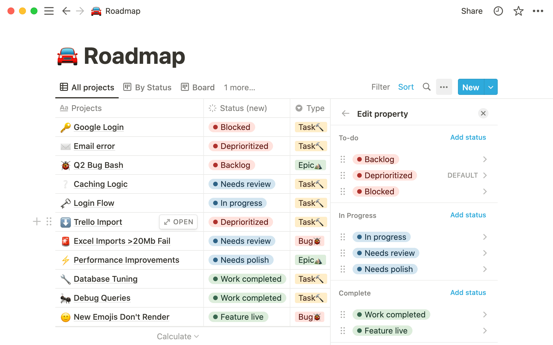 ステータスプロパティを使用すると、タスクの状況をすばやく表示したり、カスタムサブカテゴリーを追加したりできます。