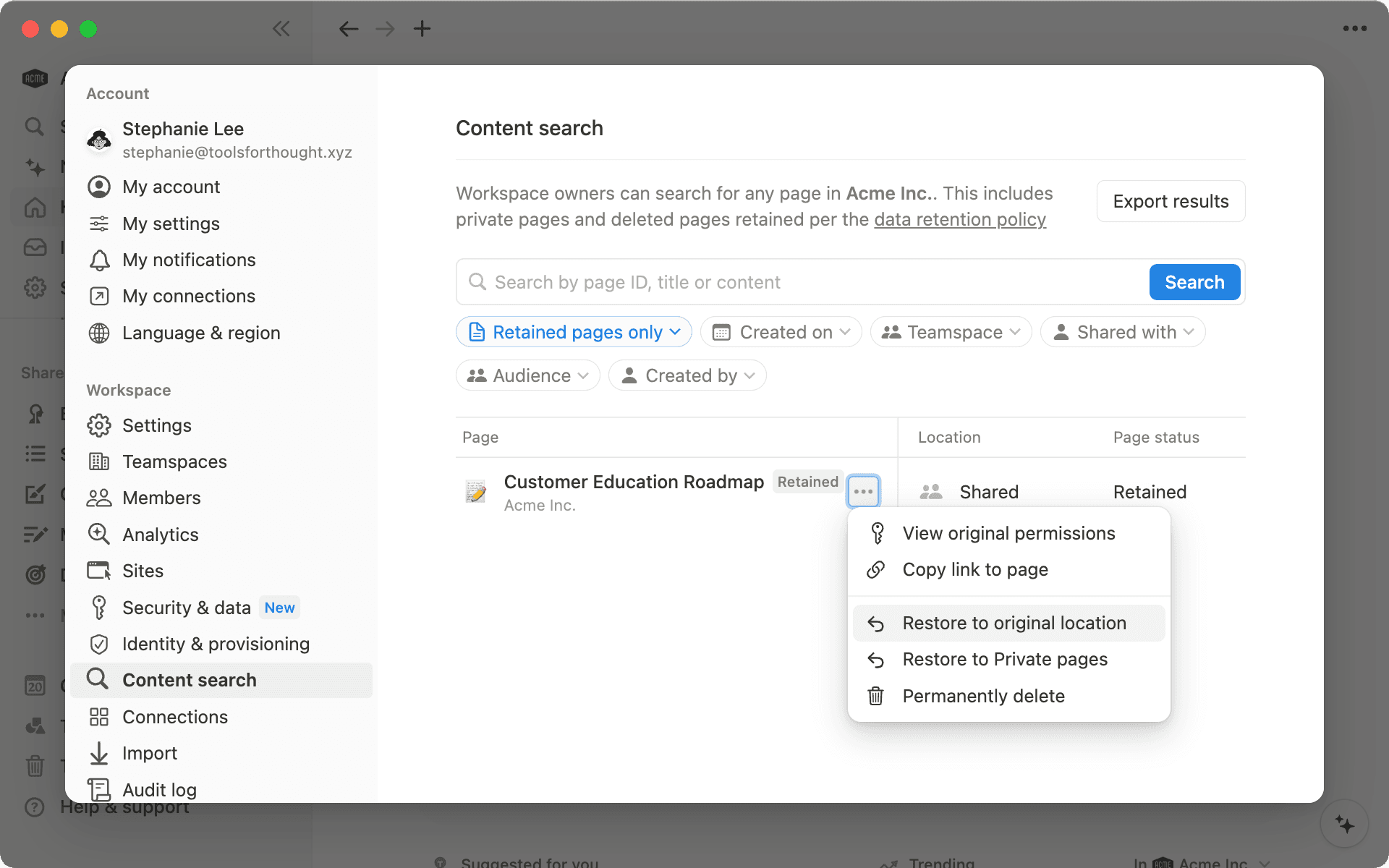You can choose to restore deleted pages to their original location.