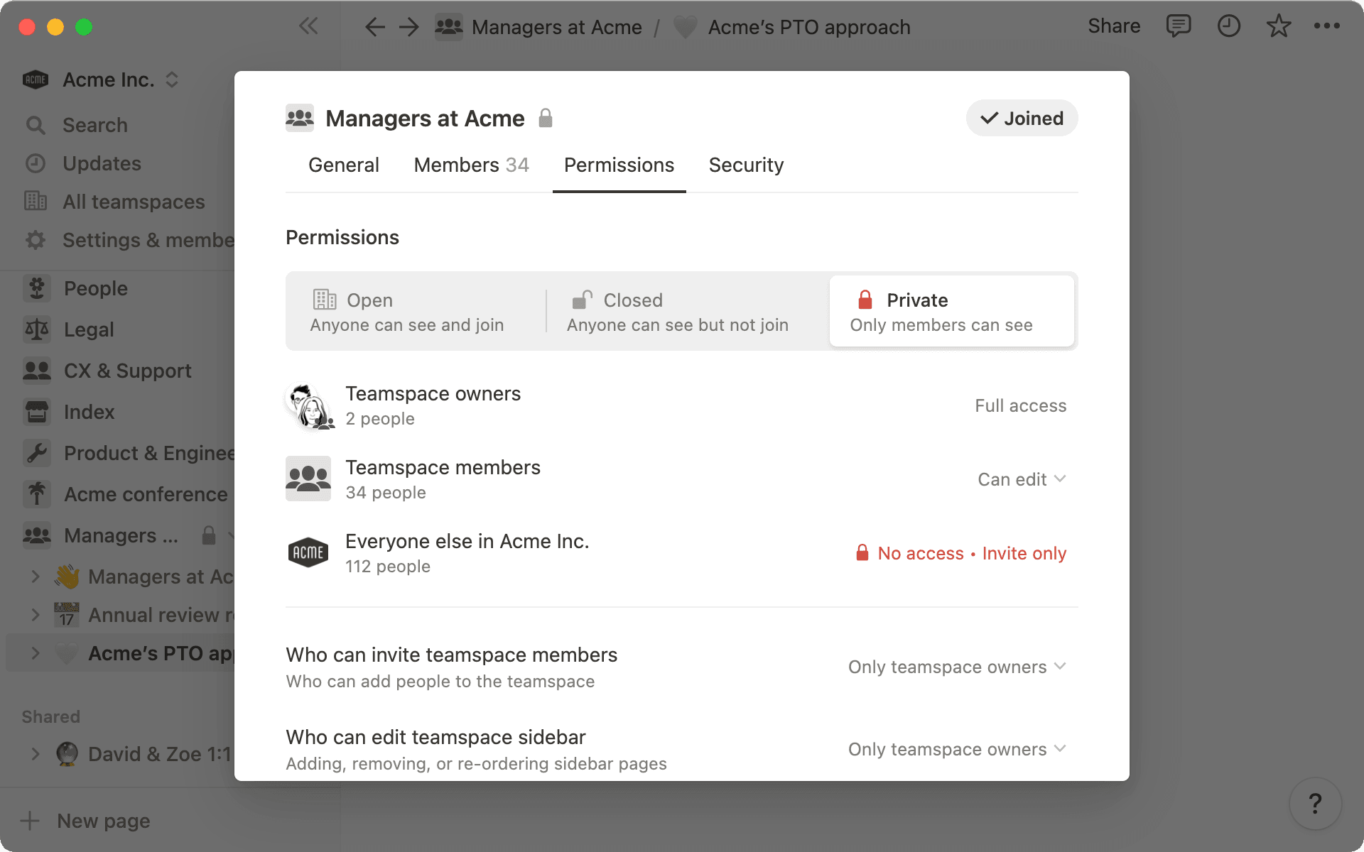チームスペースのアクセス許可を使用して、チームスペース内のコンテンツにアクセスできるユーザーを決定します。