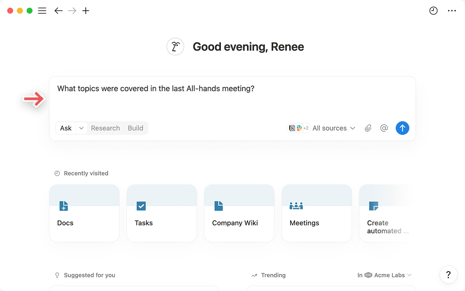 Notionホームページの中央に検索バーが表示されます。