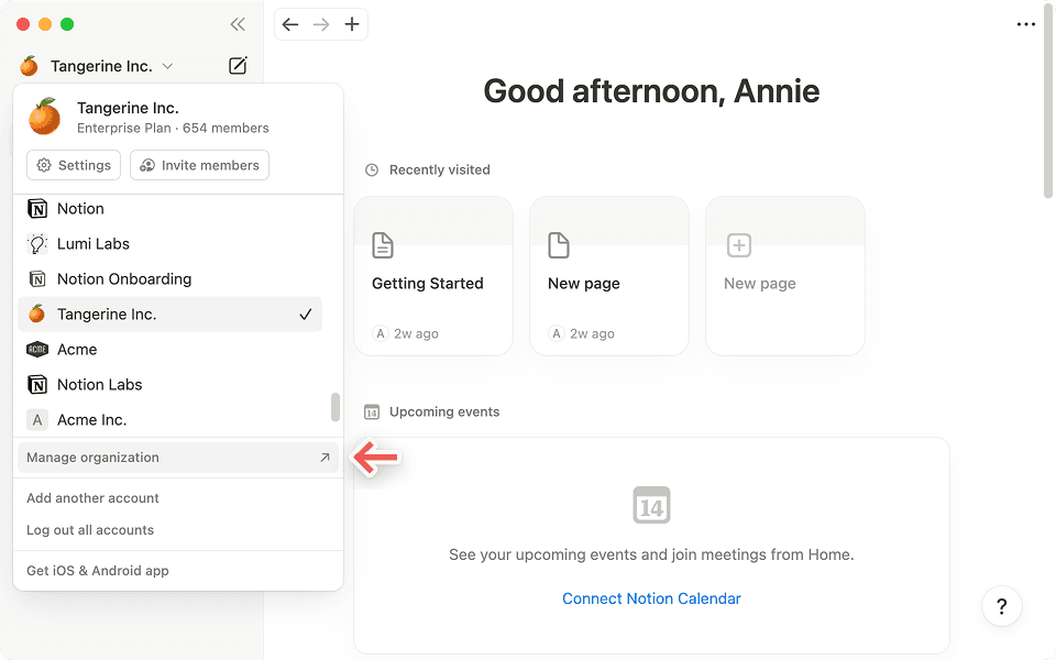 サイドバーの「組織を管理」をクリックして、管理者コンソールにアクセスします。