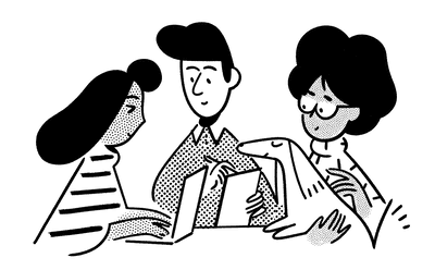 Illustration of three people doing a retro on a project